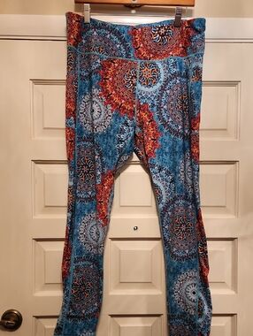 Blue & Orange Mandala Print Leggings Shiny Poly Lycra